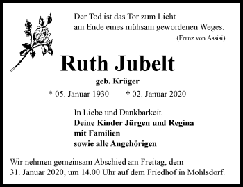 Traueranzeige von Ruth Jubelt von Ostthüringer Zeitung