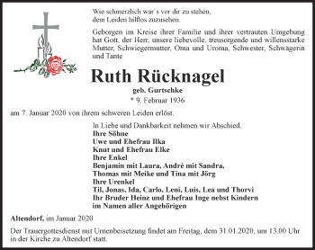 Traueranzeige von Ruth Rücknagel von Ostthüringer Zeitung, Thüringische Landeszeitung