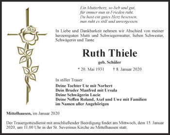 Traueranzeige von Ruth Thiele von Thüringer Allgemeine, Thüringische Landeszeitung