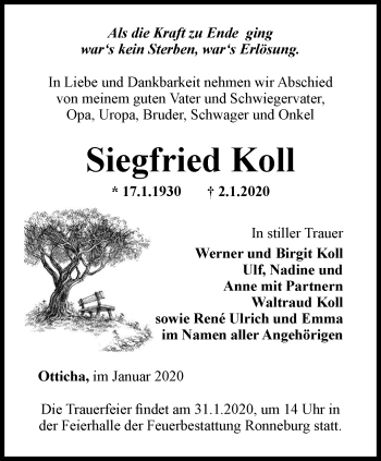 Traueranzeige von Siegfried Koll von Ostthüringer Zeitung