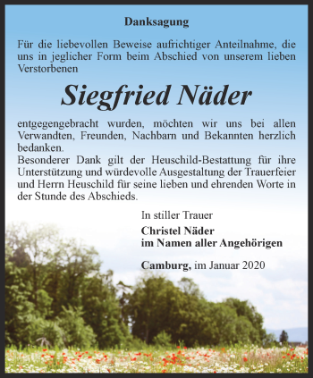 Traueranzeige von Siegfried Näder von Ostthüringer Zeitung, Thüringische Landeszeitung