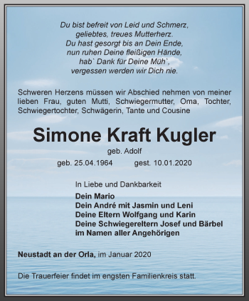 Traueranzeige von Simone  Kraft Kugler von Ostthüringer Zeitung