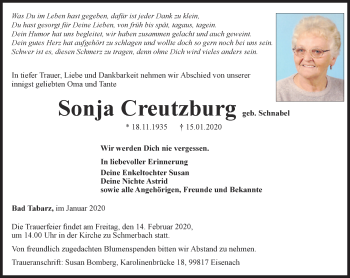 Traueranzeige von Sonja Creutzburg von Ostthüringer Zeitung, Thüringische Landeszeitung