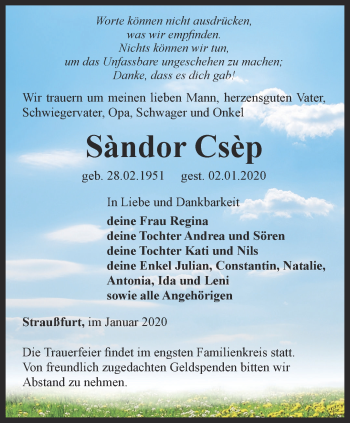 Traueranzeige von Sàndor Csèp von Thüringer Allgemeine