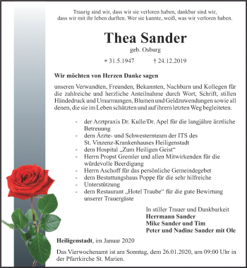 Traueranzeige von Thea Sander von Thüringer Allgemeine