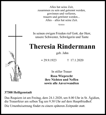 Traueranzeige von Theresia Rindermann von Thüringer Allgemeine