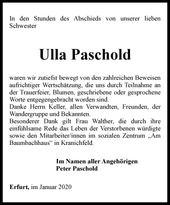 Traueranzeige von Ulla Paschold von Thüringer Allgemeine, Thüringische Landeszeitung