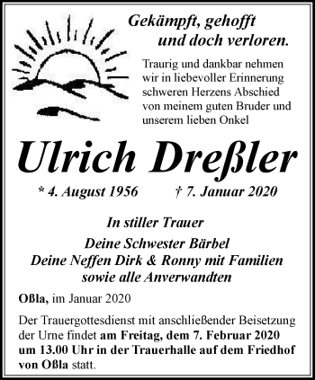 Traueranzeige von Ulrich Dreßler von Ostthüringer Zeitung