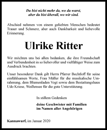 Traueranzeige von Ulrike Ritter von Thüringer Allgemeine