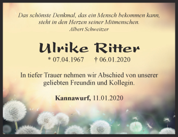 Traueranzeige von Ulrike Ritter von Thüringer Allgemeine