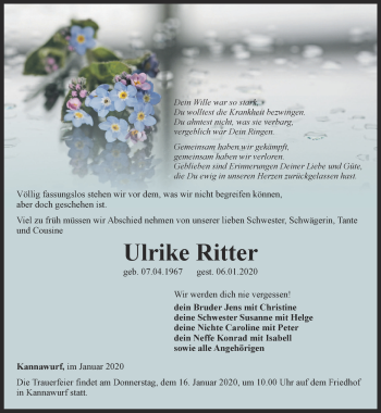 Traueranzeige von Ulrike Ritter von Thüringer Allgemeine