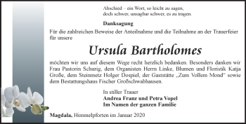 Traueranzeige von Ursula Bartholomes von Thüringer Allgemeine, Thüringische Landeszeitung