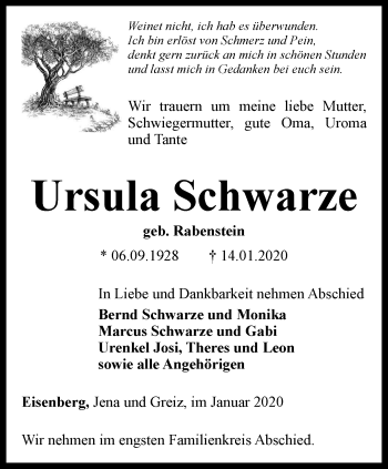 Traueranzeige von Ursula Schwarze von Ostthüringer Zeitung