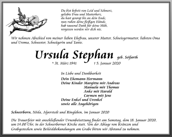 Traueranzeige von Ursula Stephan von Thüringer Allgemeine, Thüringische Landeszeitung