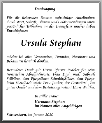 Traueranzeige von Ursula Stephan von Thüringer Allgemeine, Thüringische Landeszeitung