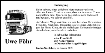 Traueranzeige von Uwe Föhr von Ostthüringer Zeitung, Thüringische Landeszeitung