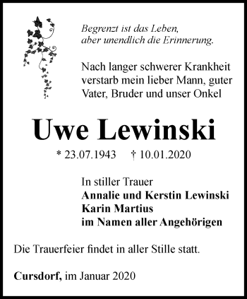 Traueranzeige von Uwe Lewinski von Ostthüringer Zeitung