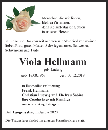 Traueranzeige von Viola Hellmann von Thüringer Allgemeine, Thüringische Landeszeitung