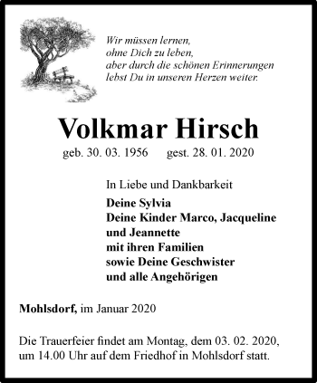 Traueranzeige von Volkmar Hirsch von Ostthüringer Zeitung