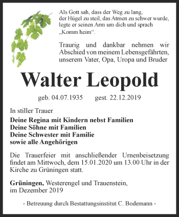 Traueranzeige von Walter Leopold von Thüringer Allgemeine