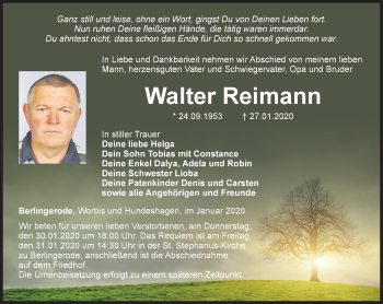 Traueranzeige von Walter Reimann von Thüringer Allgemeine