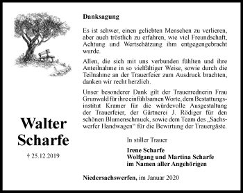 Traueranzeige von Walter Scharfe von Thüringer Allgemeine