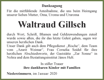 Traueranzeige von Waltraud Gillsch von Thüringer Allgemeine, Thüringische Landeszeitung