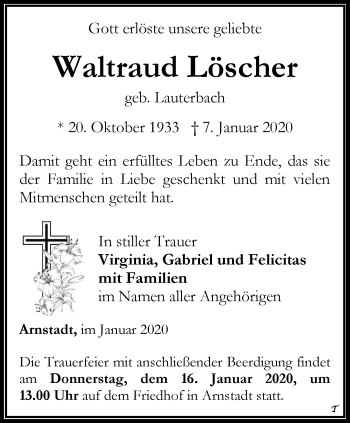 Traueranzeige von Waltraud Löscher von Thüringer Allgemeine