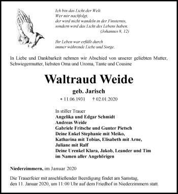 Traueranzeige von Waltraud Weide von Thüringer Allgemeine, Thüringische Landeszeitung