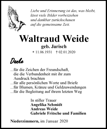 Traueranzeige von Waltraud Weide von Thüringer Allgemeine, Thüringische Landeszeitung