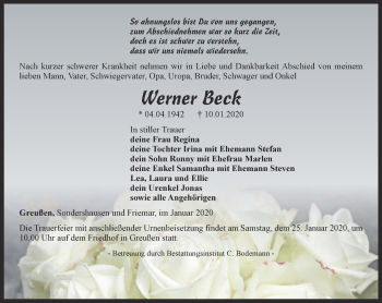 Traueranzeige von Werner Beck von Thüringer Allgemeine