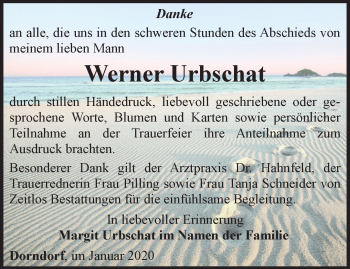Traueranzeige von Werner Urbschat von Ostthüringer Zeitung, Thüringische Landeszeitung