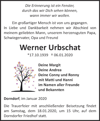 Traueranzeige von Werner Urbschat von Ostthüringer Zeitung, Thüringische Landeszeitung