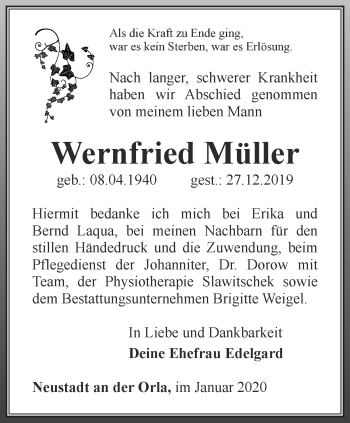 Traueranzeige von Wernfried Müller von Ostthüringer Zeitung