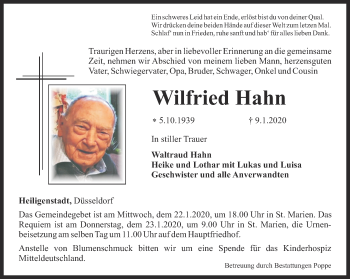 Traueranzeige von Wilfried Hahn von Thüringer Allgemeine