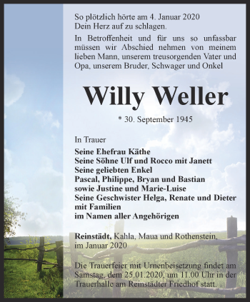 Traueranzeige von Willy Weller von Ostthüringer Zeitung, Thüringische Landeszeitung
