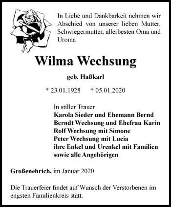 Traueranzeige von Wilma Wechsung von Thüringer Allgemeine