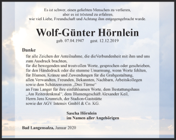 Traueranzeige von Wolf-Günter Hörnlein von Thüringer Allgemeine, Thüringische Landeszeitung