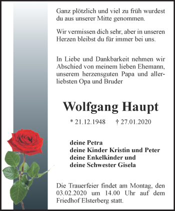 Traueranzeige von Wolfgang Haupt von Ostthüringer Zeitung