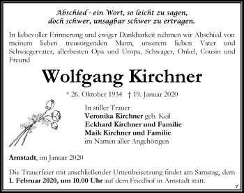 Traueranzeige von Wolfgang Kirchner von Thüringer Allgemeine