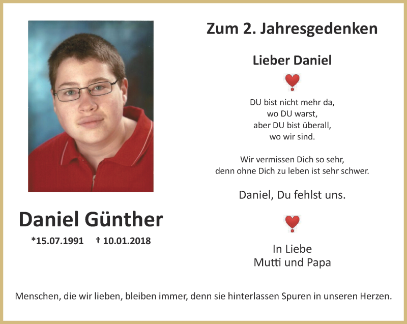  Traueranzeige für Daniel Günther vom 10.01.2020 aus Thüringer Allgemeine, Thüringische Landeszeitung, Ostthüringer Zeitung