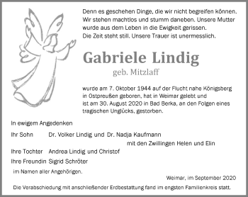 Traueranzeige von Gabriele Lindig von Thüringer Allgemeine
