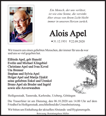 Traueranzeige von Alois Apel von Thüringer Allgemeine