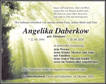 Traueranzeige von Angelika Daberkow von Ostthüringer Zeitung