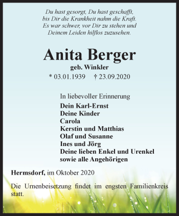 Traueranzeige von Anita Berger von Ostthüringer Zeitung