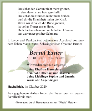 Traueranzeige von Bernd Exner von Thüringer Allgemeine