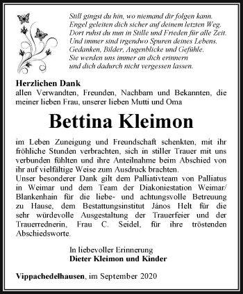 Traueranzeige von Bettina Kleimon von Thüringer Allgemeine, Thüringische Landeszeitung