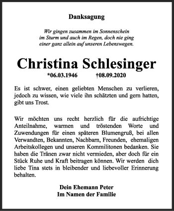 Traueranzeige von Christina Schlesinger von Ostthüringer Zeitung, Thüringische Landeszeitung
