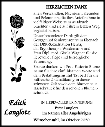 Traueranzeige von Edith Langlotz von Thüringer Allgemeine, Thüringische Landeszeitung