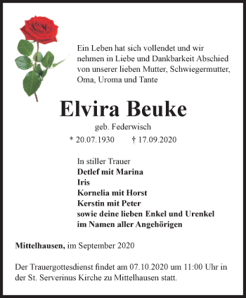 Traueranzeige von Elvira Beuke von Thüringer Allgemeine, Thüringische Landeszeitung